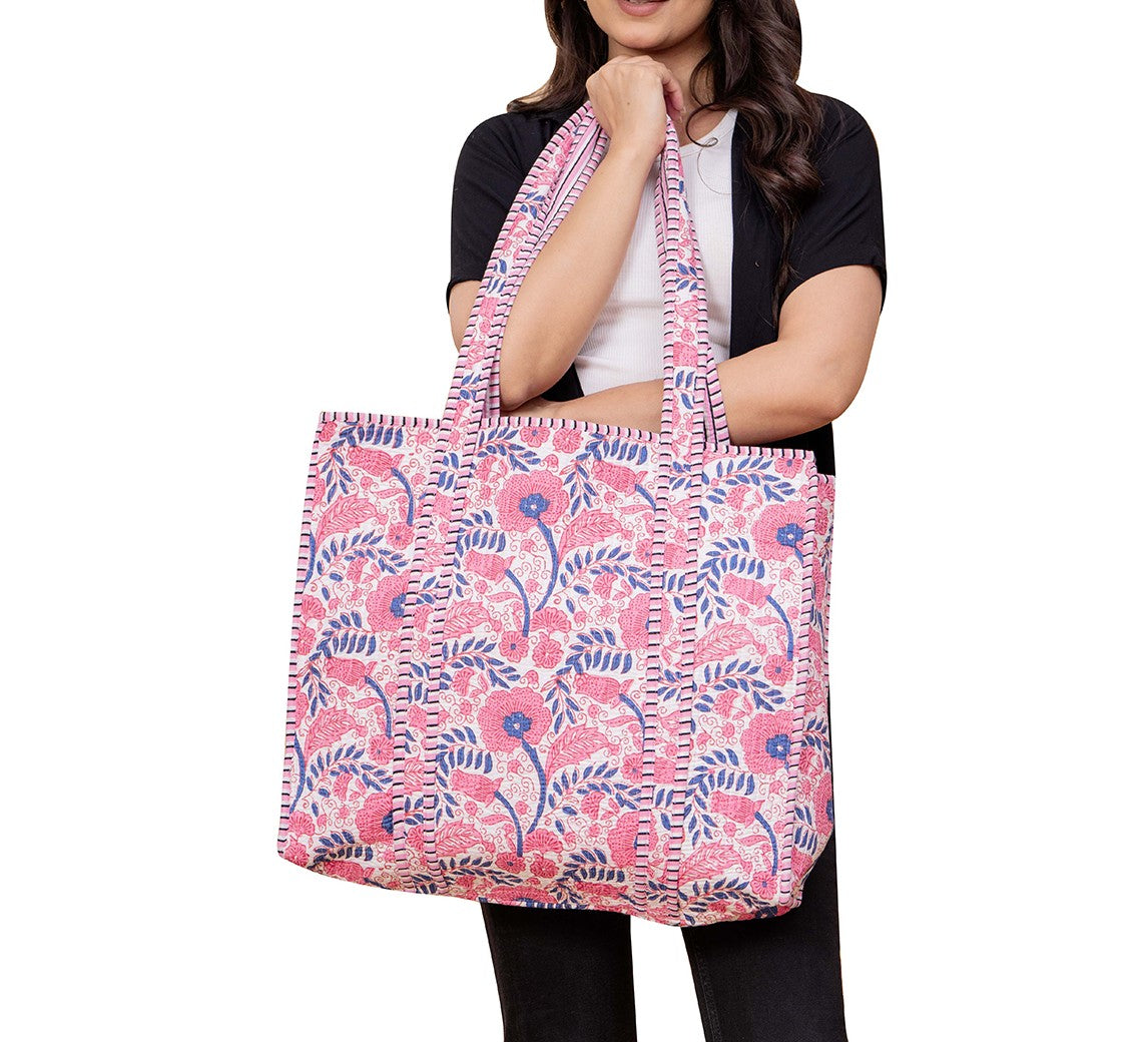 Indian Style Handmade Quilted Pink Floral Shoulder Tote Bag Large Cotton Shopper Bag